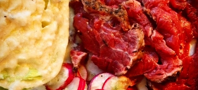 Beef Carpaccio, Lettuce Wedge with Ranch Dressing and Radish, Celery and Fresh Horseradish Roulade