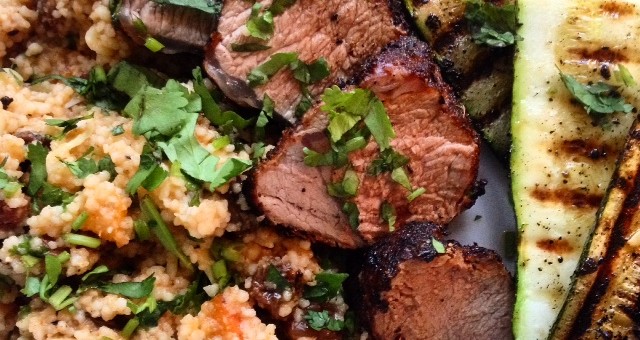 Harissa Spiced Cannon of Lamb with Fruity Cous Cous and Chargrilled Courgettes