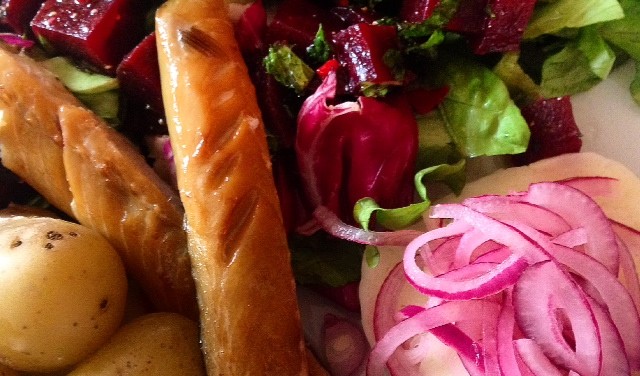 Warm Mackerel with Beetroot, Mint and Chilli Salad, Halloumi and Pickled Red Onion