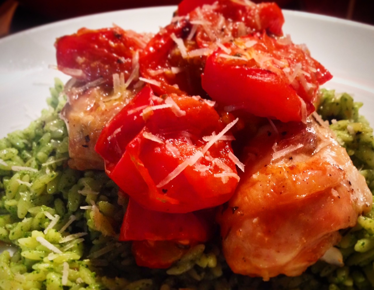 Orzo Pasta, Nasturtium Leaf Pesto, Pan Fried Chicken and Garlic and Greek Basil Roasted Heirloom Tomatoes