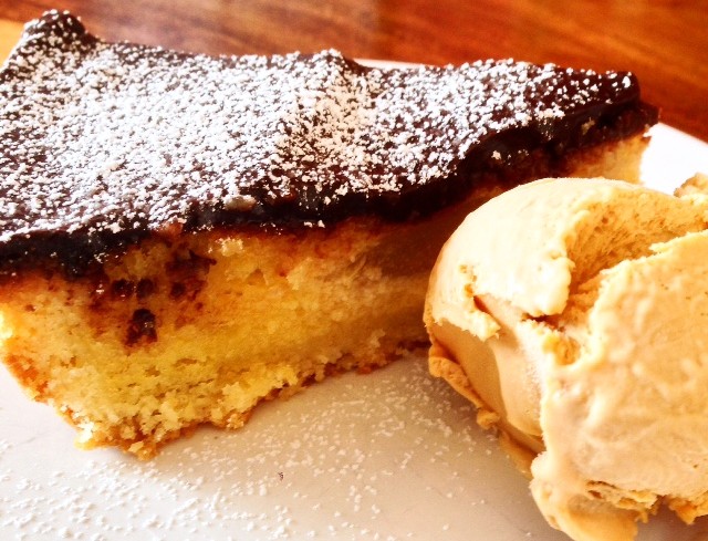 Poached Pear Frangipane Tart with Chocolate Ganache and Salted Caramel Ice Cream