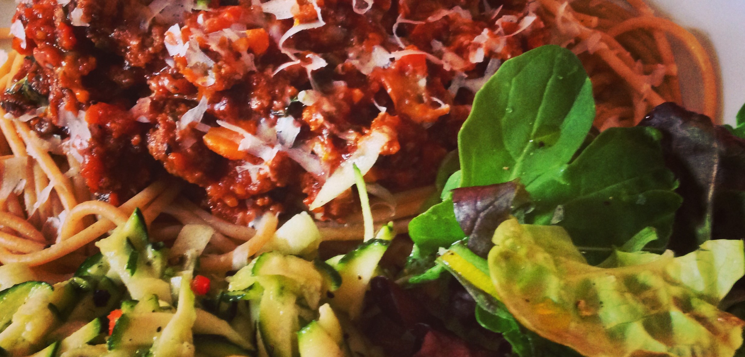 One Hour Spaghetti Bolognese with Courgette, Lemon and Chilli Salad