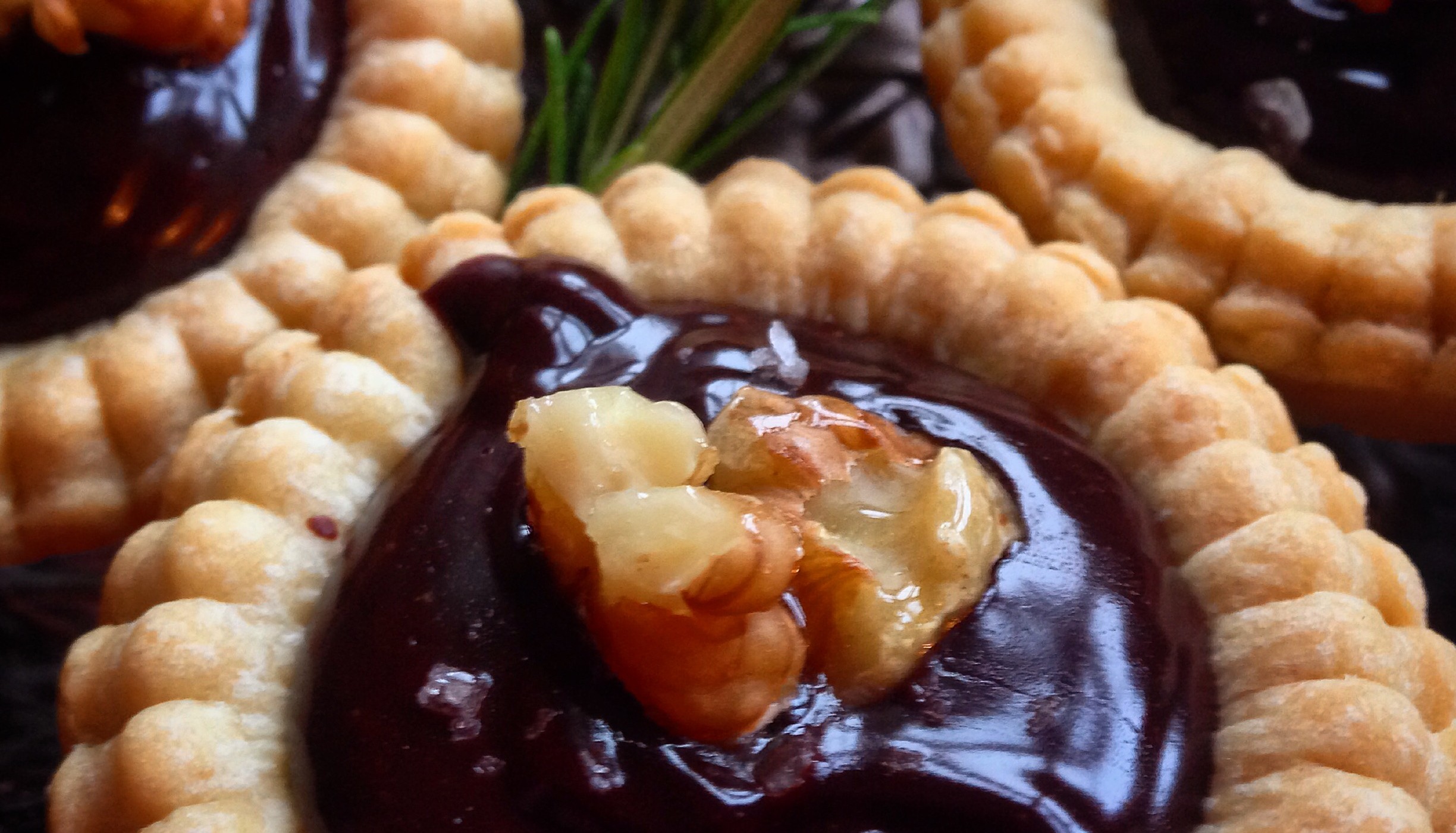 Rosemary and Salted Dark Chocolate Tartlets with Candied Walnuts