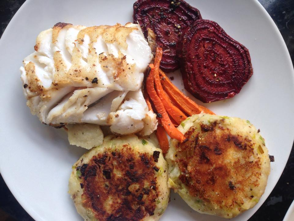 Pan Fried Atlantic Cod, Smoked Garlic Celeriac Puree, Thyme Roasted Beetroot and Carrots and Potato and Leek Cakes