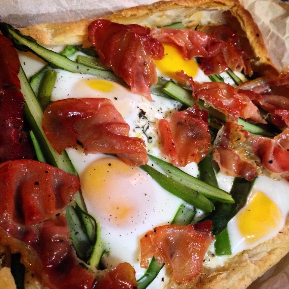 Smoked Gubbeen, Asparagus, Eggs and Crispy Serrano Puff Pastry Tart