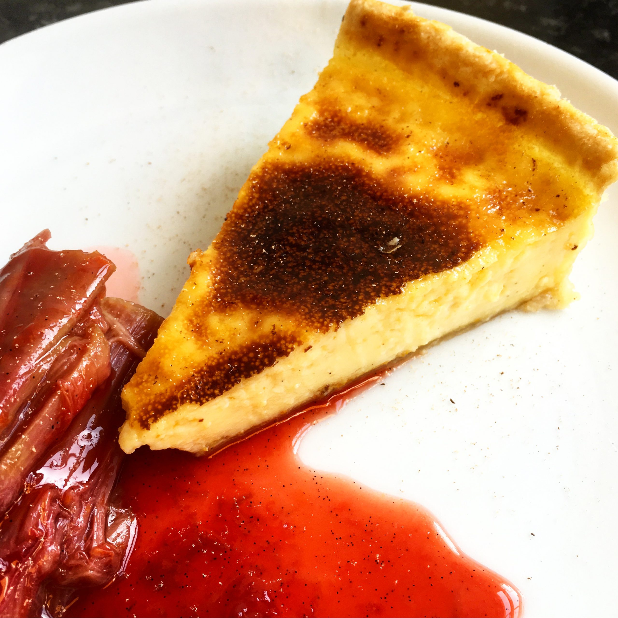 Egg Custard Tart, Blood Orange Poached Rhubarb and Syrup