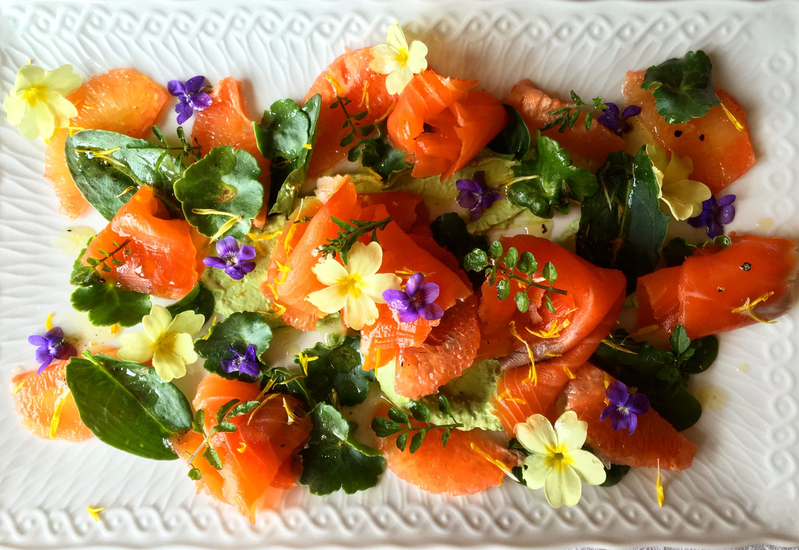 Smoked Salmon Salad with Pink Grapefruit, Avocado and Wild Flowers